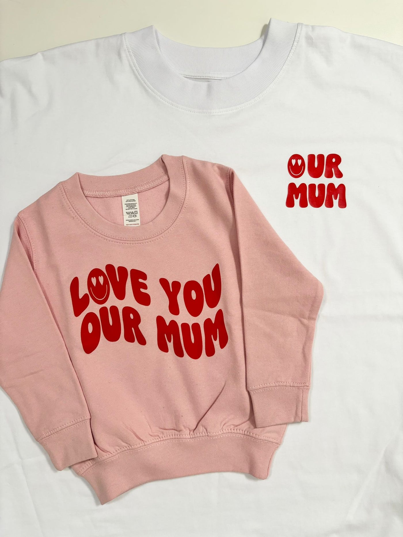 Our Albie ‘Love You Our Mum’ sweatshirt for kids in pink cherry