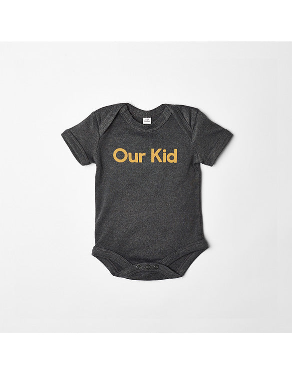 Our Kid Slogan Vest for Babies in Charcoal + Mustard